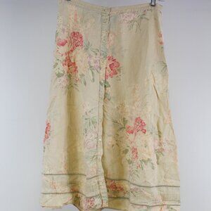 Lauren Ralph Lauren Y2K Linen Floral Button Front Skirt 14W Cottagecore Romantic
